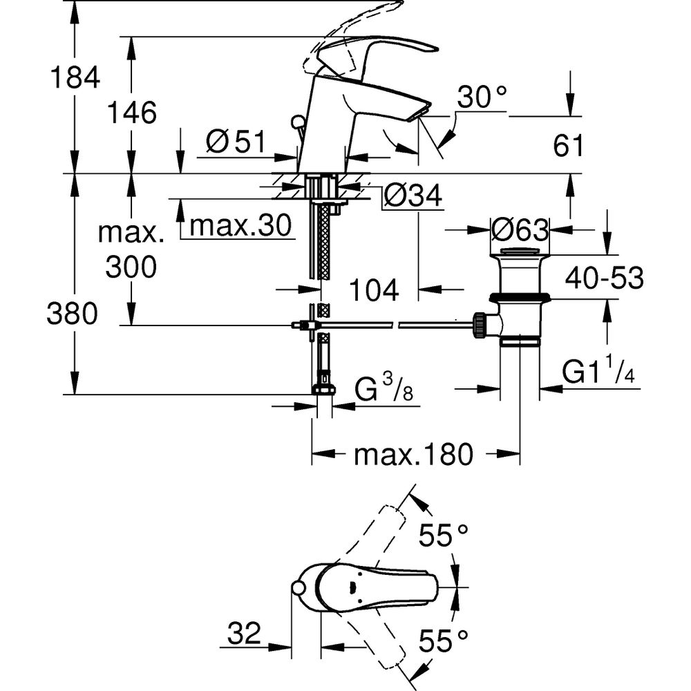 GROHE Waschtisch-Einhebelmischer Eurosmart chrom, S-Size, mit Ablaufgarnitur, mit Temperaturbegrenze-33265002