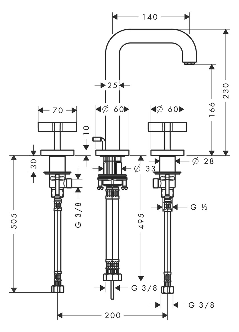 hansgrohe Waschtisch-3-Loch-Armatur Axor Citterio Auslauf 140 mm, Kreuzgriffe, Ablaufgarnitur, chrom-39133000