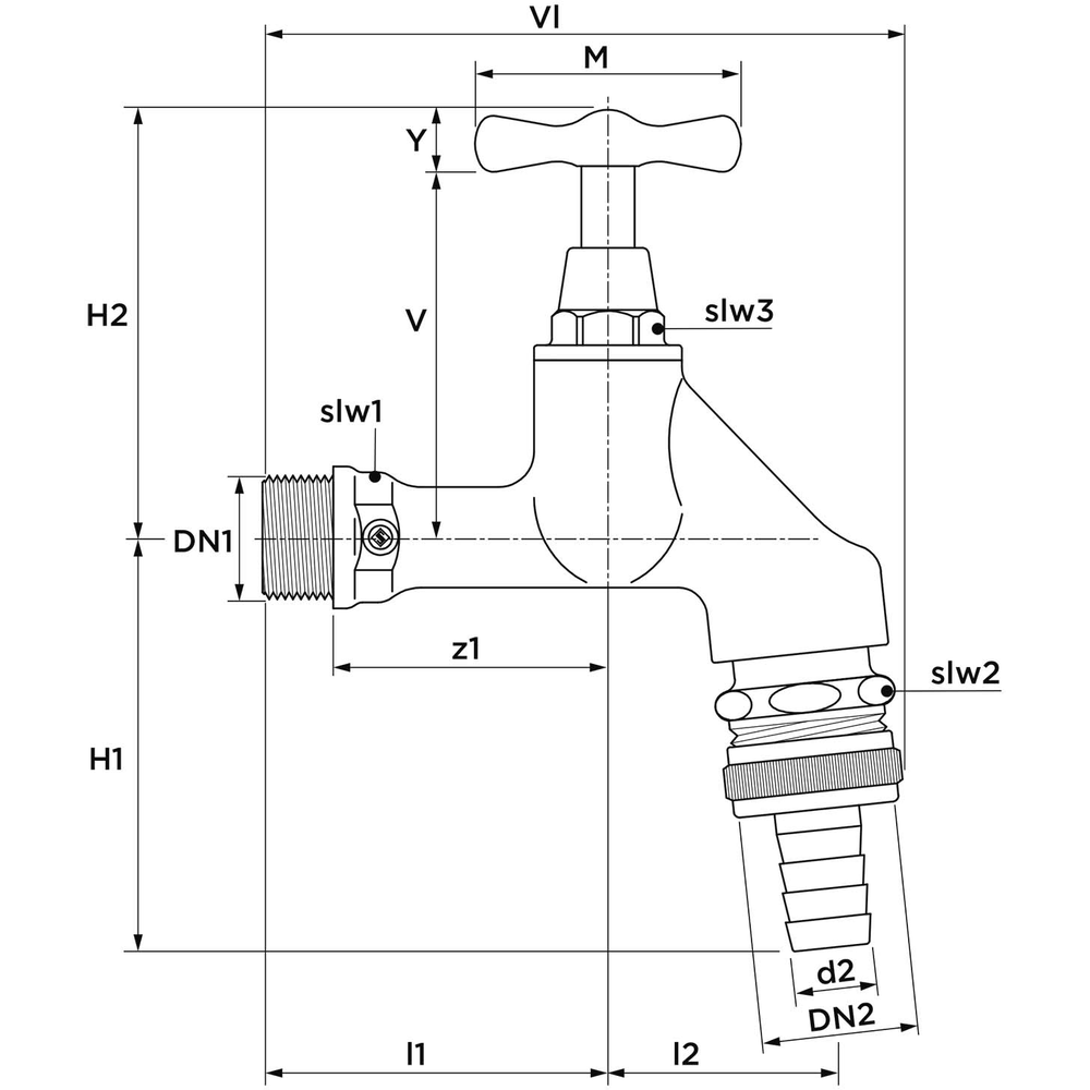 Auslaufventil, Messing, m. Knebelgriff m. RV u. Beluefter, matt verchromt, 3/4" -06001