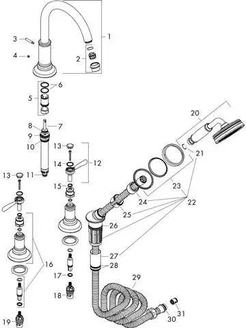 hansgrohe Fertigmontageset Axor Montreux 4-Loch-Armatur, Wannenrandmontage, Ausladung 196 mm, Hebelg-16550000