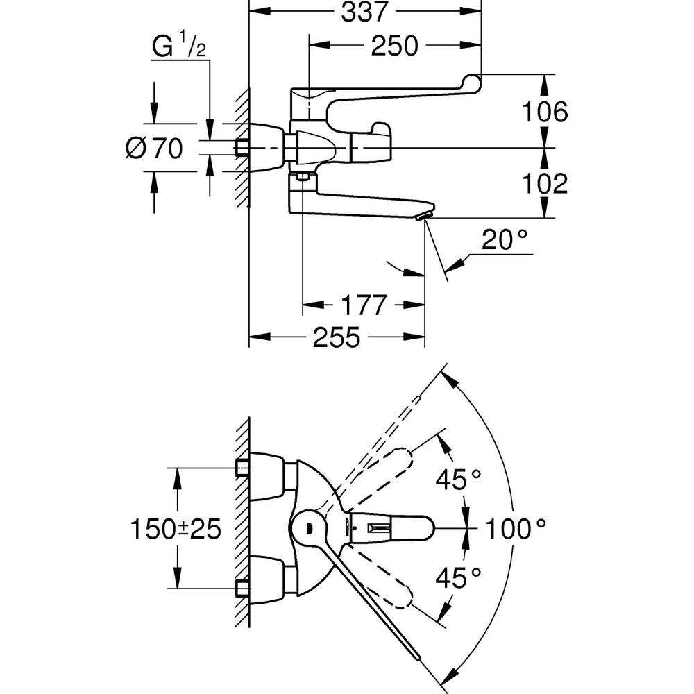 GROHE Waschtisch-Thermostat Grohtherm Spezial 1/2", mit Armhebelbetätigung, Ausladung 25,5cm, chrom -34020001