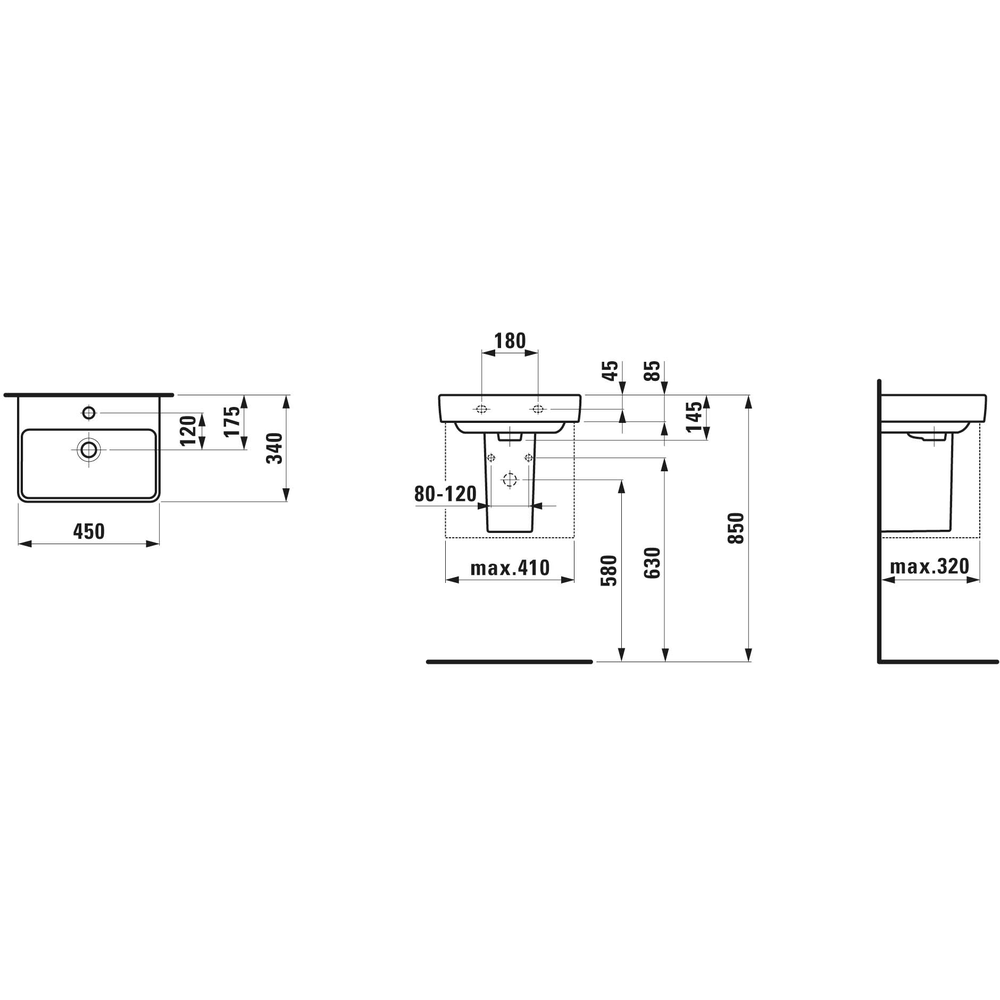 Laufen Handwaschbecken PRO S 45 x 34 cm, 1 HL, mit Überlauf, weiss-H8159610001041