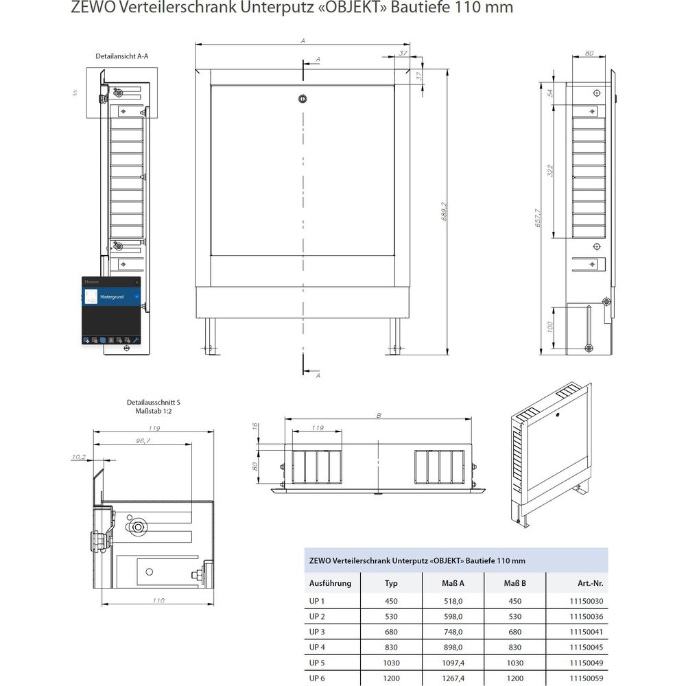 Zewotherm Unterputz-Verteilerschrank Objekt weiß, UP 6-8 Heizkreise, Breite 680 mm, Bautiefe 110 mm-11150041