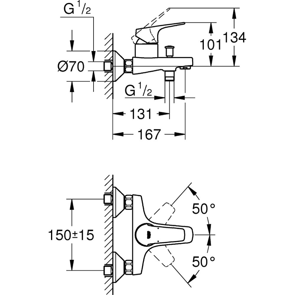 GROHE Wannen-Einhebelmischer BauFlow 1/2", Wandmontage, chrom -23756000