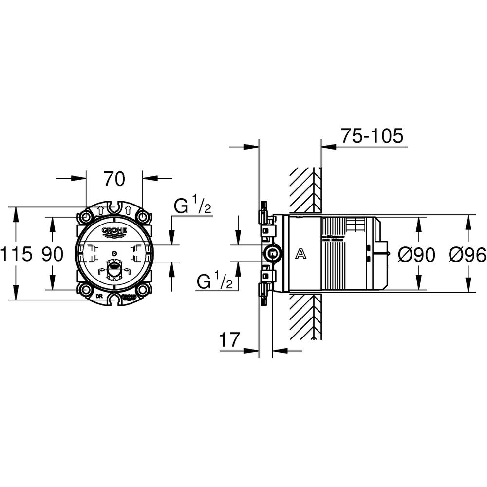 GROHE Unterputz-Einbaukörper Rainshower 1/2", für Kopfbrauseset, ohne Durchflussbegrenzer, Einbautiefe 7,5-10,5 cm -26483000