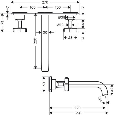 hansgrohe Fertigmontageset Axor Citterio E UP, Waschtisch-3-Loch-Armatur, mit Platte für Wandmontage-36115000