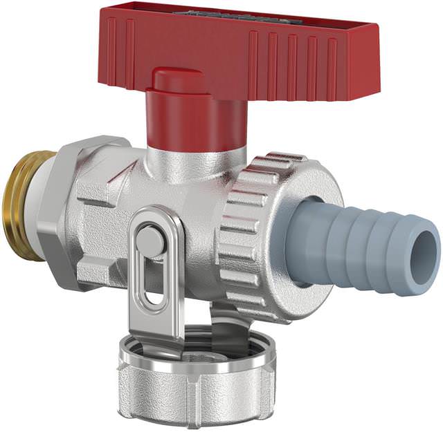 Simplex KFE-Kugelhahn G 1/2 M, mit rotem Flügelgriff, Durchgang, mit AG, vernickelt, mit Schlauchver-F10638