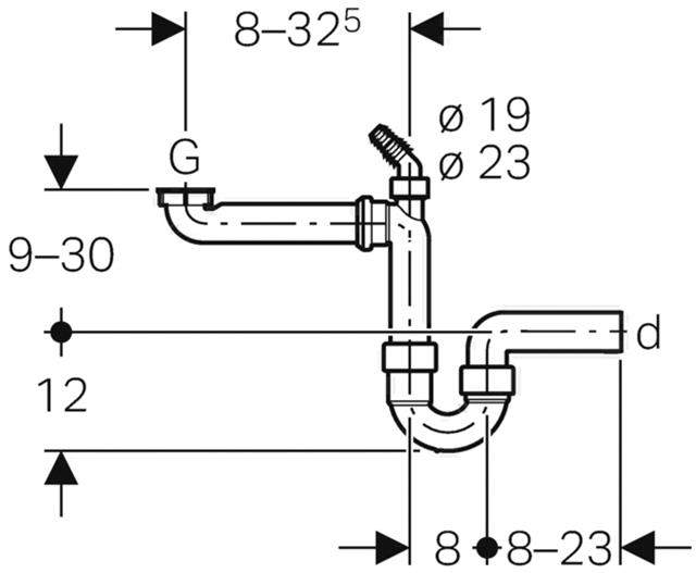 Geberit Rohrbogengeruchsverschluss für Spülbecken, Raumsparmodell, mit Winkelschlauchtülle, Abgang h-152819111