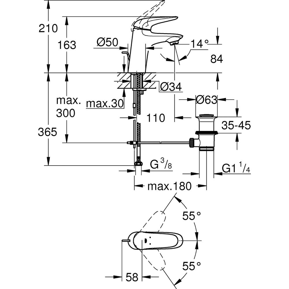 GROHE Waschtisch-Einhebelmischer Eurostyle 1/2", S-Size, mit Ablaufgarnitur, geschlossener Metall-Hebelgriff, chrom -23707003