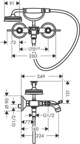 hansgrohe AXOR Montreux 2-Griff Wannenarmatur Aufputz mit Hebelgriffen-16551000