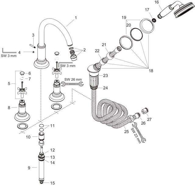 hansgrohe Fertigmontageset Axor Montreux DN 15, chrom, 4-Loch-Armatur, Wannenrandmontage, Kreuzgriff-16546000