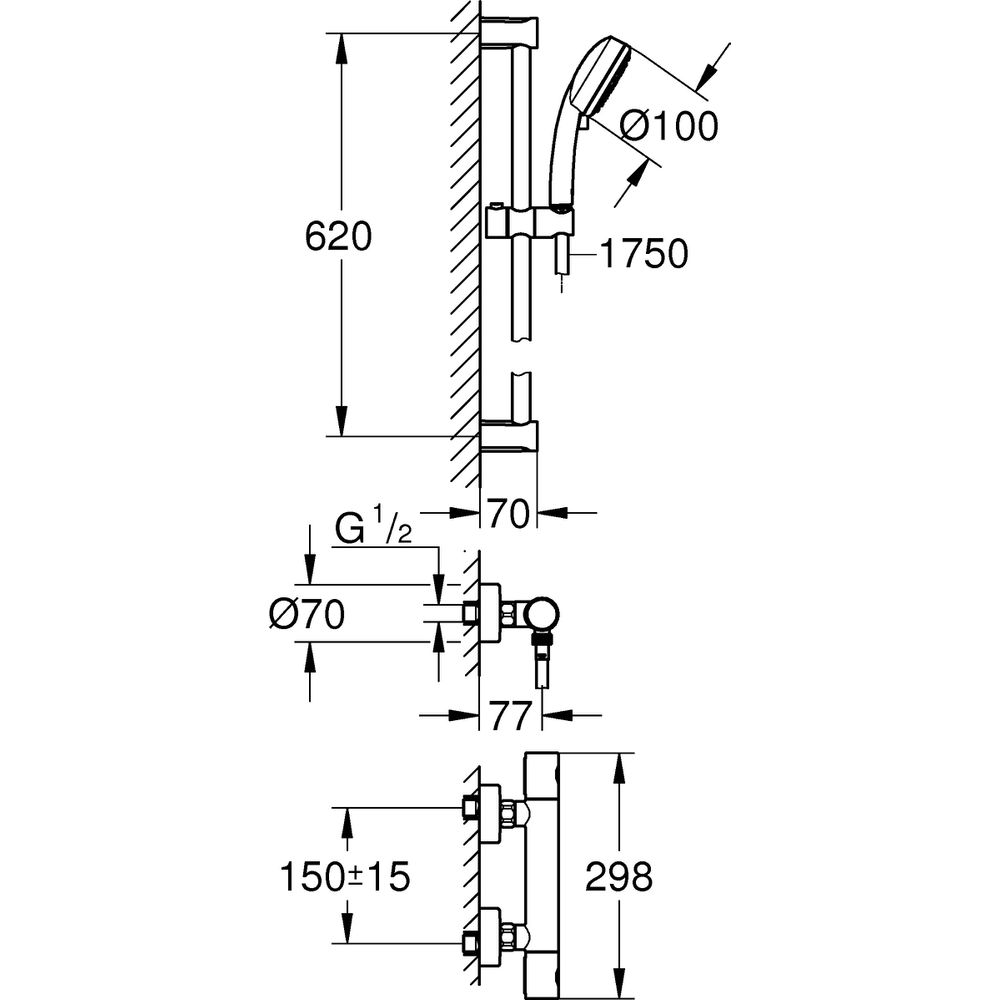 GROHE Thermostat-Brauseset Grohtherm 800 Cosmopolitan 1/2", mit Brausegarnitur 60 cm, chrom -34768000