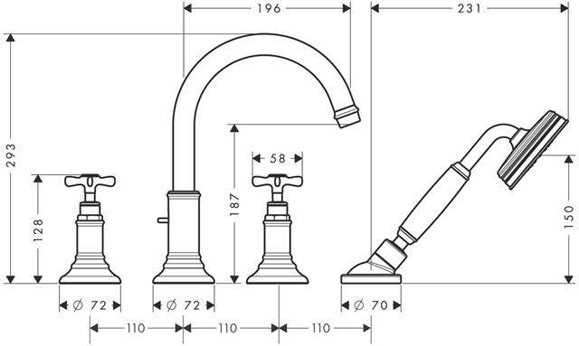 hansgrohe Fertigmontageset Axor Montreux DN 15, chrom, 4-Loch-Armatur, Wannenrandmontage, Kreuzgriff-16546000