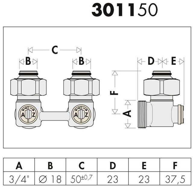 Caleffi Zweirohr-Hahnblock Eck, Heizkörperanschluss 3/4" IG -301153