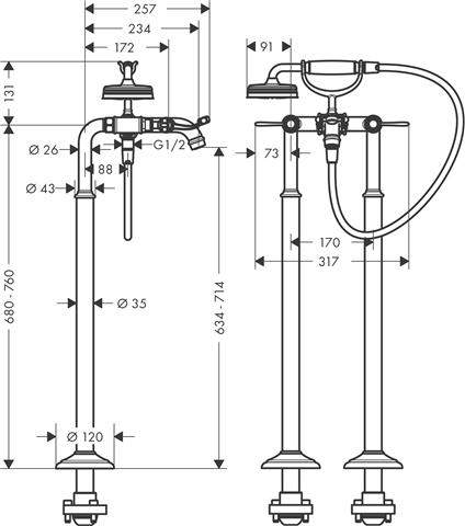 hansgrohe Fertigmontageset Axor Montreux DN 15, chrom, Wannen-2-Griff-Armatur, 234mm, Stand, Hebelgr-16553000