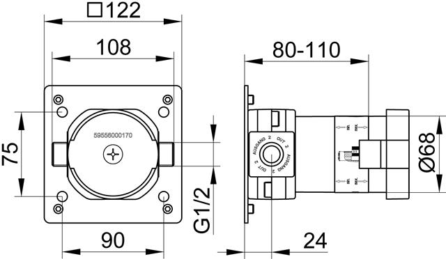 KEUCO Grundkörper IXMO für UP-2-Wege-Umstellventil mit Schlauchanschluss, Einbautiefe 80-110mm-59556000170