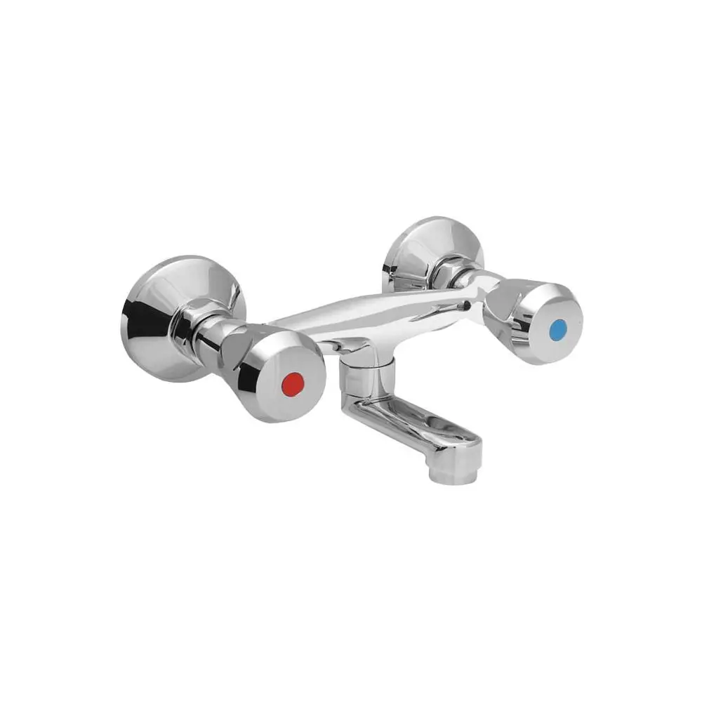 ASW Wand-Spültisch-Zweiloch-Armatur schwenkbar 150, Messing verchromt, Dreikanthaubengriff Metall v-151866