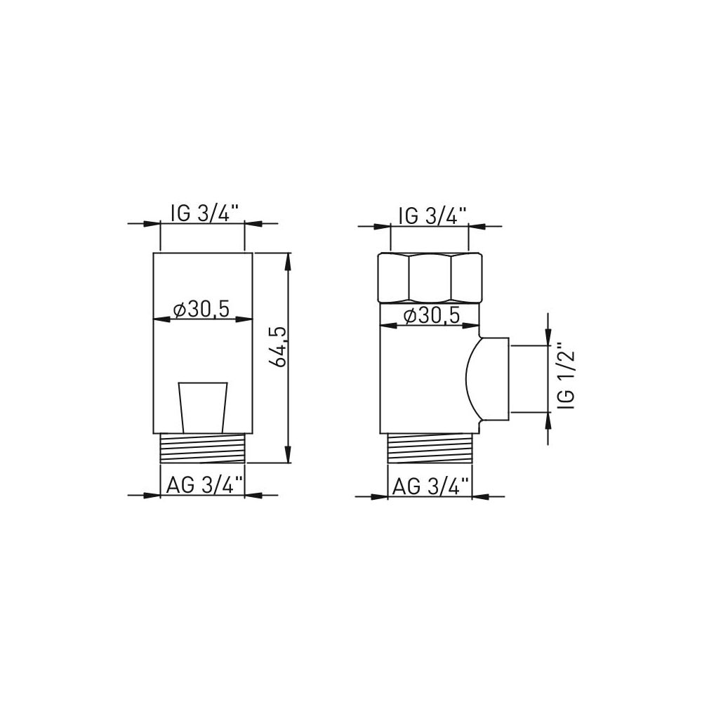 ASW T-Stück IG 3/4 x AG 3/4 x IG 1/2, Messing verchromt, als Set-804039